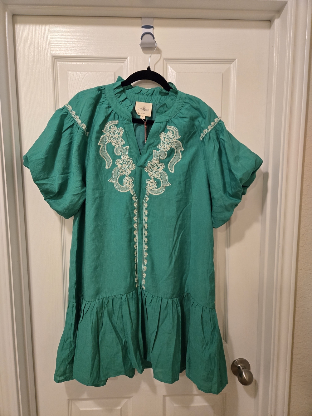 Umgee Teal Green Embroidered Boho Midi Dress